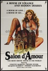 3t780 SALON D'AMOUR 1sh '76 artwork of sexy Colette Marevil behind mansion, rated X!