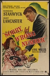 3t838 SORRY WRONG NUMBER 1sh '48 Burt Lancaster smacks the phone from Barbara Stanwyck!