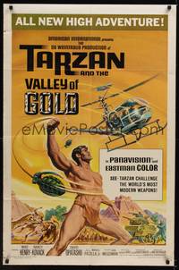 3t898 TARZAN & THE VALLEY OF GOLD 1sh '66 art of Mike Henry throwing grenade at helicopter!