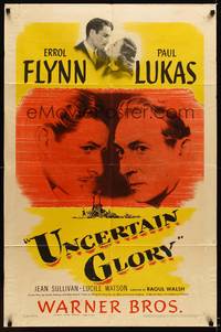 3t953 UNCERTAIN GLORY 1sh '44 art of French Errol Flynn face-to-face with Nazi Paul Lukas!