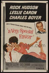 3t960 VERY SPECIAL FAVOR 1sh '65 Charles Boyer, Rock Hudson tries to unwind sexy Leslie Caron!