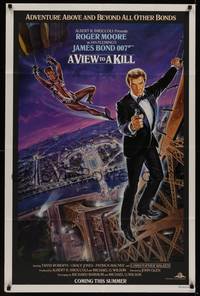 3t962 VIEW TO A KILL purple advance 1sh '85 art of Roger Moore as James Bond 007 by Daniel Gouzee!