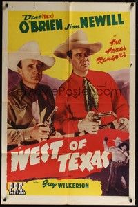 3t974 WEST OF TEXAS 1sh '43 Texas Rangers Dave Tex O'Brien & James Newill, Shootin' Irons!