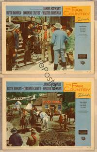 3v635 FAR COUNTRY 2 LCs '55 James Stewart on horseback & at gunpoint, directed by Anthony Mann!