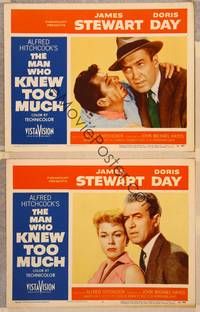 3v735 MAN WHO KNEW TOO MUCH 2 LCs '56 Alfred Hitchcock, husband & wife Jimmy Stewart & Doris Day!
