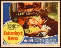 3v395 SATURDAY'S HERO LC #3 '51 c/u of football player John Derek with Donna Reed by fireplace!
