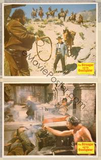3v821 STRANGER & THE GUNFIGHTER 2 LCs '76 gunslinger Lee Van Cleef facing big man w/whip!