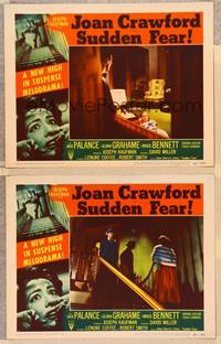 3v825 SUDDEN FEAR 2 LCs '52 border art of terrified Joan Crawford, Jack Palance!