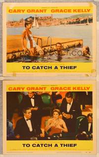 3v843 TO CATCH A THIEF 2 LCs '55 Cary Grant swimming, directed by Alfred Hitchcock!