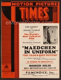 3w051 MOTION PICTURE TIMES exhibitor magazine March 9, 1933 most talked about Maedchen in Uniform!