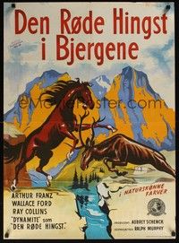 3x555 RED STALLION IN THE ROCKIES Danish '53 Wenzel art of horse fighting with elk!
