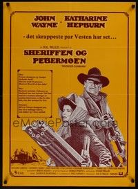 3x557 ROOSTER COGBURN Danish '75 great image of John Wayne with eye patch & Katharine Hepburn!