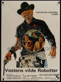 3x597 WESTWORLD Danish '73 Michael Crichton, cool artwork of cyborg Yul Brynner by Neal Adams!