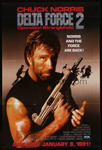 3y167 DELTA FORCE 2 video advance 1sh '90 Chuck Norris with gun is back in action!