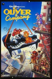 3y414 OLIVER & COMPANY special 17x26 '88 great image of Walt Disney cats & dogs in New York City!