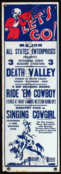 3y257 DEATH VALLEY/RIDE 'EM COWBOY/SINGING COWGIRL special 14x41 '40s triplebill, cool art!