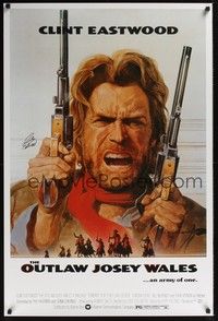 3y582 OUTLAW JOSEY WALES repro signed commercial 1sh '76 by Clint Eastwood, cool double-fisted art!