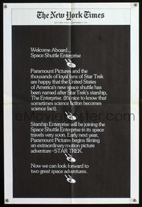 3y442 STAR TREK NEW YORK TIMES special poster '76 Star Trek & the Space Shuttle Enterprise!