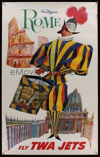 3y151 ROME FLY TWA travel poster '60s David Klein art of colorful soldier!