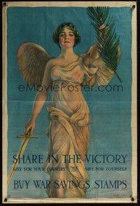 3y012 SHARE IN THE VICTORY BUY WAR SAVINGS STAMPS laminated war poster '18 WWI, cool art by Coffin!