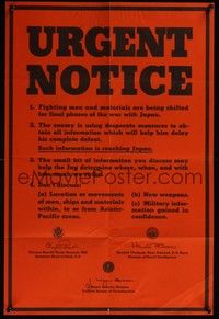 3y067 URGENT NOTICE war poster '45 WWII, final phase of the war, keep secrets safe!