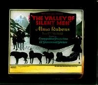 3z135 VALLEY OF SILENT MEN glass slide'22 art of Mountie Lew Cody on horse & Alma Rubens on dogsled!