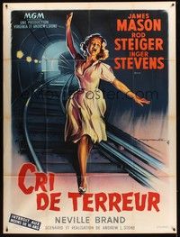4a236 CRY TERROR French 1p '58 different art of Inger Stevens on train tracks by Roger Soubie!