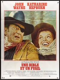 4a317 ROOSTER COGBURN French 1p '75 great art of John Wayne with eye patch & Katharine Hepburn!