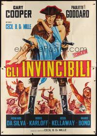 4a610 UNCONQUERED Italian 2p R64 art of Gary Cooper holding Paulette Goddard & two guns!