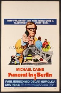 4a058 FUNERAL IN BERLIN WC '67 cool art of Michael Caine pointing gun, directed by Guy Hamilton!