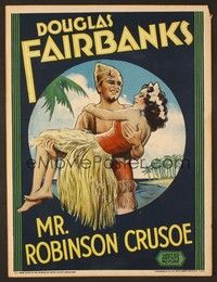 4a102 MR. ROBINSON CRUSOE WC '32 art of dashing Douglas Fairbanks carrying sexy island babe!
