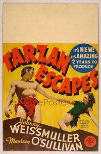 4a162 TARZAN ESCAPES WC '36 great image of Johnny Weissmuller holding hands w/Maureen O'Sullivan!