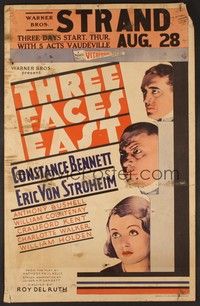 4a169 THREE FACES EAST WC '30 butler/spy Erich von Stroheim, sexy Constance Bennett!