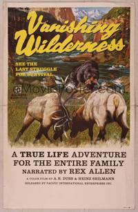 4a184 VANISHING WILDERNESS WC '74 cool art of caribou locking horns & bear with fish in river!