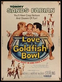 4b577 LOVE IN A GOLDFISH BOWL 30x40 '61 Tommy Sands & Fabian kissing pretty girl!