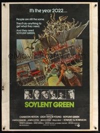 4b600 SOYLENT GREEN 30x40 '73 art of Charlton Heston trying to escape riot control by John Solie!