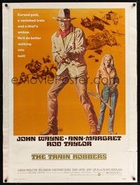 4b606 TRAIN ROBBERS 30x40 '73 great full-length art of cowboy John Wayne & sexy Ann-Margret!