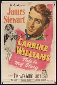4b197 CARBINE WILLIAMS linen 1sh '52 great portrait art of James Stewart, Jean Hagen, Wendell Corey