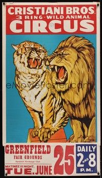 4b150 CHRISTIAN BROS. 3 RING WILD ANIMAL CIRCUS circus poster '40s great art of big cats!