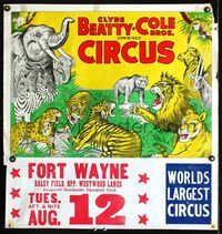 4b153 CLYDE BEATTY & COLE BROS CIRCUS AUG 12 circus poster '50s cool art of tigers, lions, zebras!