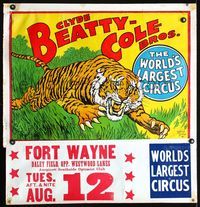 4b152 CLYDE BEATTY & COLE BROS CIRCUS AUG 12 circus poster '50s cool art of leaping tiger!