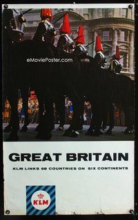 4b120 GREAT BRITAIN KLM Dutch travel poster '60s travel, cool photo of men on horseback!