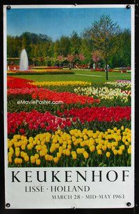 4b127 KEUKENHOF Dutch travel poster '63 great photo of flower garden!