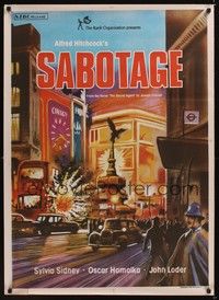 4b095 SABOTAGE Indian R70s Alfred Hitchcock, artwork of exploding bus!