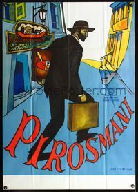 4b077 PIROSMANI Russian/French 32x46 '71 cool artwork of man with suitcase!