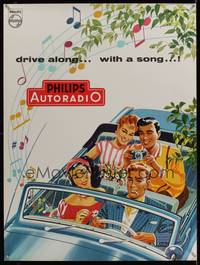 4b059 PHILIPS 23x32 Dutch advertising poster '50s art of people enjoying their car radio, Autoradio!