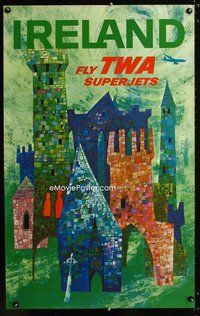 4b124 IRELAND FLY TWA travel poster '60s Irish travel, David Klein artwork!