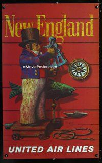 4b130 NEW ENGLAND UNITED AIR LINES travel poster '70s cool Stan Galli artwork!