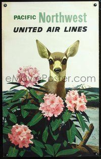4b132 PACIFIC NORTHWEST UNITED AIR LINES travel poster '60s travel, cool art of cute deer!