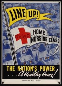 4b106 LINE UP! HOME NURSING CLASS war poster '50s American Red Cross, please help identify!